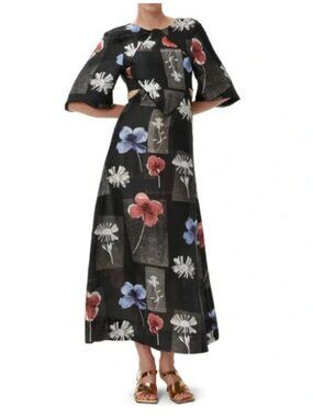 Ganni Floral Linen and Silk Maxi Dress Side Cut Out, 36/S